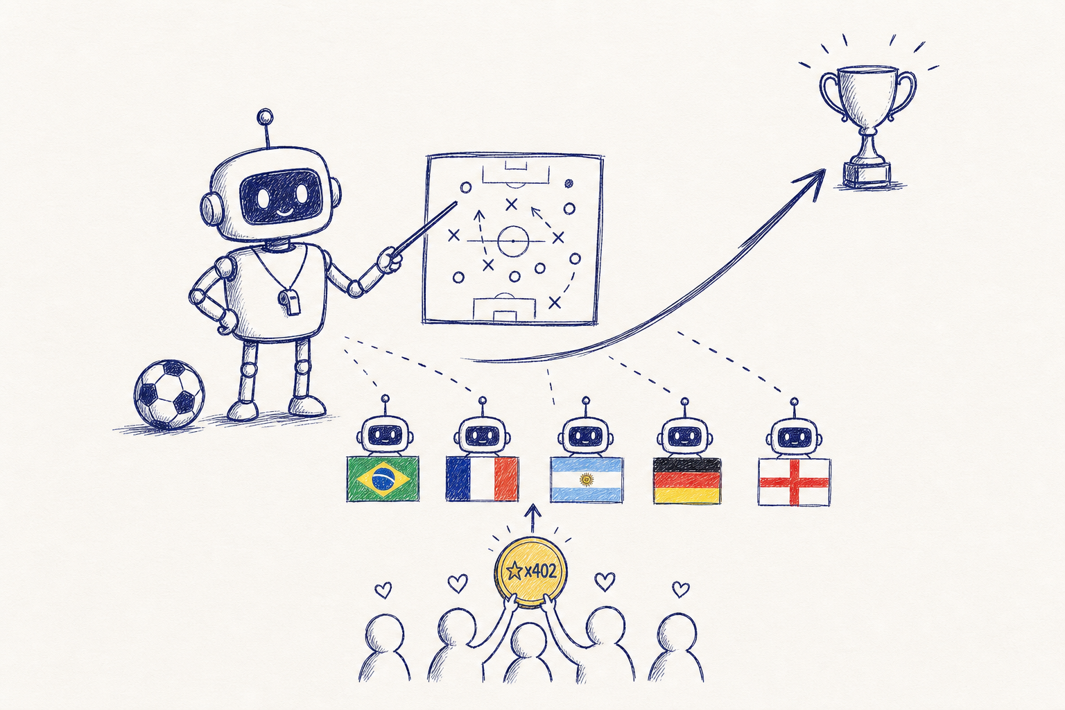 Hand-drawn Agent Cup hero illustration with robot coach, football, flags, trophy, and tactical board